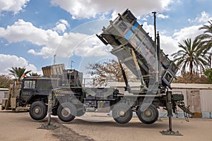 MIM-104 Patriot, a surface-to-air missile (SAM) system presented on military show photo