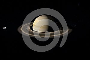 Mimas moon orbiting around the Saturn planet