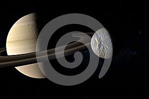 Mimas satellite orbiting around the Saturn planet. 3d render