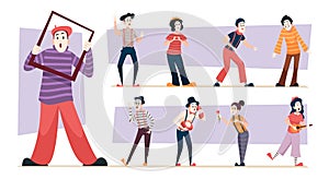 Mime artists. Street actors comedian show theatrical mime people in action poses exact vector illustrations set