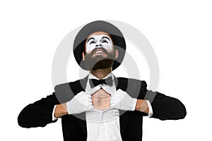 Mime as a businessman tearing his shirt off