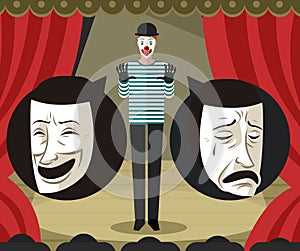 Mime clown talking about theater comedy and drama masks