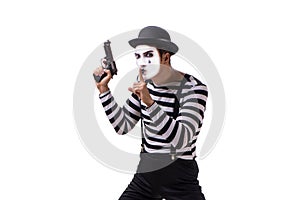 The mime with handgun isolated on white background