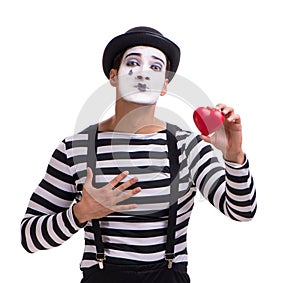 Mime holding red heart isolated on white background