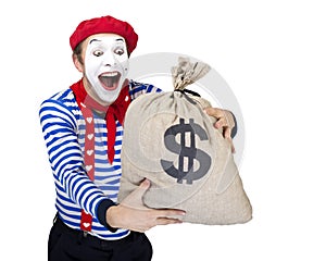 Mime with money bag.Emotional funny actor