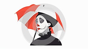 Mime performer in French clothes with face makeup. Comic mimic comedian with umbrella, begging on the street. Modern