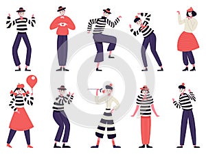 Mimes characters. Silent actors, pantomime and comedy performing, funny mimic poses. Male and female mimes characters