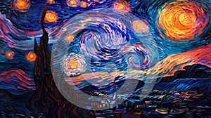 Mimicking a cosmic wave across a starry night sky, an abstract painting blends vibrant, flowing colors in hues of orange, purple,