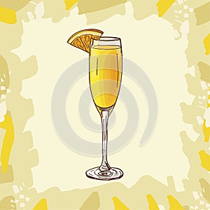 Mimosa cocktail illustration. Alcoholic classic bar drink hand drawn vector. Pop art