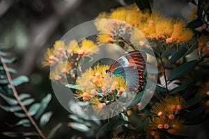 mimosa flower in bloom, surrounded by colorful butterflies