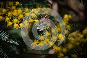 mimosa flower in bloom, surrounded by colorful butterflies