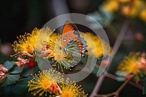 mimosa flower in bloom, surrounded by colorful butterflies