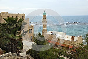 Minaret of Al-Bahr Mosque in old city Jaffa, Israel