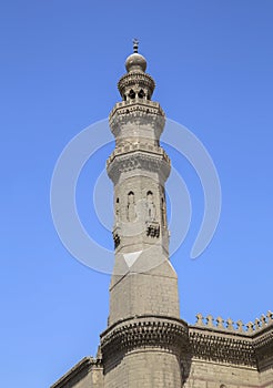 Minaret of al Rifai mosque against a bright blue sky,Cairo, Egypt.