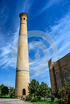 Minaret as a part of Hazrat Imam Ensemble in the center of Tashkent city photo