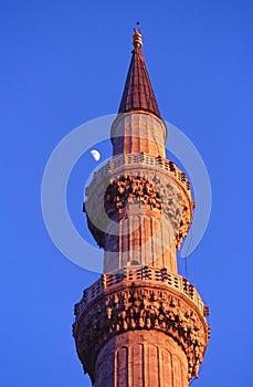 Minaret of the Blue Mosque with the moon, Istanbul