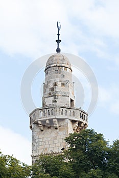 The minaret of Caliph Omar mosque is located near Hurva Synagogue in old city of Jerusalem, Israel