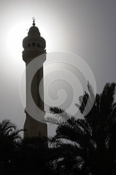 Minaret and date tree silhouette in bahrain