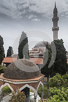 Minaret and domes of the Suleymaniye Mosque Rhodes