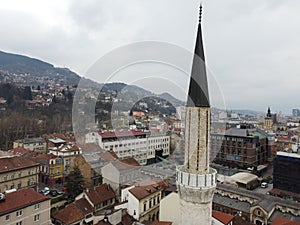 Minaret of Gazi Husrev-beg Mosque in Sarajevo, Bosnia and Herzegovina.