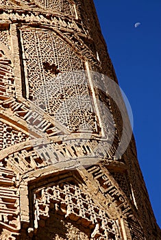 The Minaret of Jam, a UNESCO site in central Afghanistan. Showing detail of the geometric decorations and moon. photo