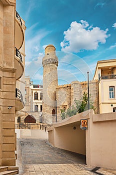 Minaret of Juma Mosque, Cume mescidi in the Baku Old City, Azerbaijan