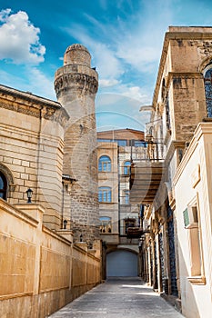 Minaret of Juma Mosque, Cume mescidi in the Baku Old City, Azerbaijan