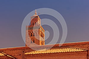 Minaret of Koutoubia Mosque in Morocco at Sunset