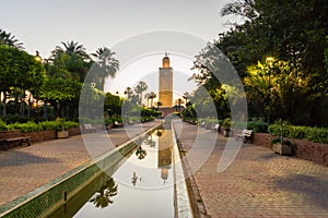 Minaret of Koutoubia Mosque at sunrise in Marrakech.