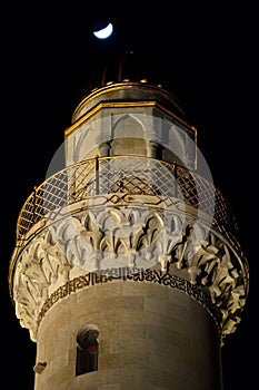 Minaret and moon in Baku, capital of Azerbaijan