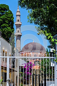 Minaret, Mosque and Purple Flowers