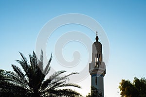 Minaret of mosque and silhouette of date palm on blue sky background in sunny day, copy space