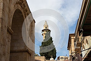 Minaret of Omar ibn al-Khattab Mosque in Jerusalem near Holy Sepulchre church.