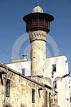 The minaret of the Omeriye mosque in the historical part of the city of Gaziantep, Turkey