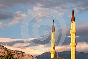 Minaret tower in Antalya on a clear autumn day