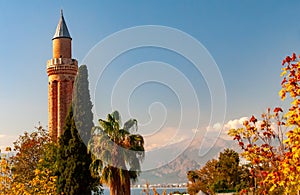 Minaret tower in Antalya on a clear autumn day