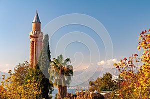 Minaret tower in Antalya on a clear autumn day