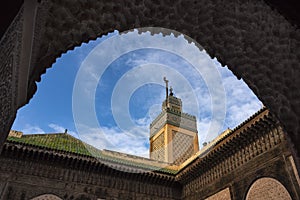 The minaret view and Inside interior of The Madrasa Bou Inania