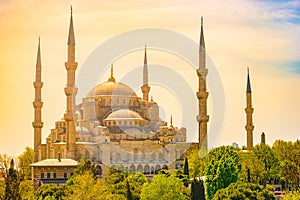 Minarets and domes of Blue Mosque with Bosporus and Marmara sea in background, Istanbul, Turkey.