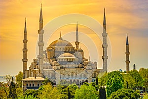 Minarets and domes of Blue Mosque with Bosporus and Marmara sea in background, Istanbul, Turkey.