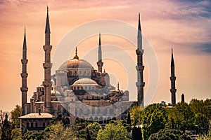 Minarets and domes of Blue Mosque with Bosporus and Marmara sea in background, Istanbul, Turkey.