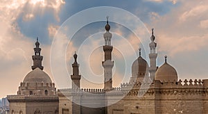 Minarets and domes of Sultan Hasan mosque and Al Rifai Mosque, Cairo, Egypt