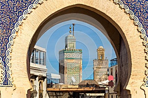 Minarets of Fes seen throuth Bab Bou Jeloud Gate. Morocco