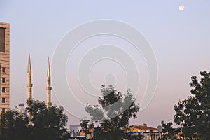 Minarets in Levent district of Istanbul, morning light scene