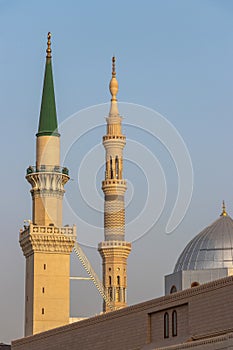 Ottoman Turkish style minaret in Medina. Minarets of Masjid Nabawi - Prophet Mosque. Madinah al Munawwarah