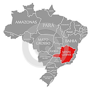 Minas Gerais red highlighted in map of Brazil