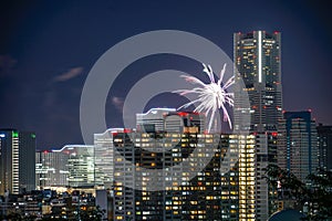 Minato Mirai townscape and fireworks