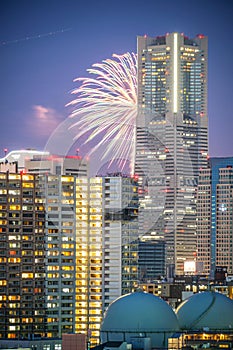 Minato Mirai townscape and fireworks