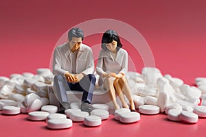 minature asia family sitting on white tablet pills ,Health care and medical industry business concept