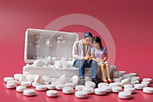 minature asia family sitting on white tablet pills ,Health care and medical industry business concept